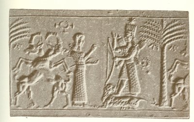 Female figure in adoration before a goddess