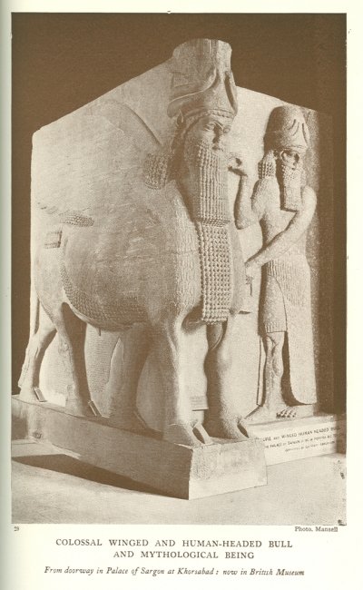 COLOSSAL WINGED AND HUMAN-HEADED BULL AND MYTHOLOGICAL BEING<br> <i>From doorway in Palace of Sargon at Khorsabad: now in British Museum</i>.<br> Photo. Mansell