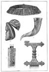 VIKING RELICS<BR>
1. Gold Collar from Oland. 2. Masked Helmet from Thorsbjerg Moss. 3. Drinking-horn. 4. Portion of a Damascened Sword from Nydam. 5. Bronze Sword Grip decorated with gold and garnets.<BR>
1. 3, <I>and</I> 5 <I>reproduced by permission from</I> ''<I>Kulturgeshichte Schwedens</I>'' <I>by Oscar Montelius</I>