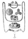 VIKING ORNAMENTS<BR>
1. Pin-brooch; 2, 3, 4, 5, Bronze Buckles; 6, Gold Neck-chain with Hammer of Thor hanging at bottom